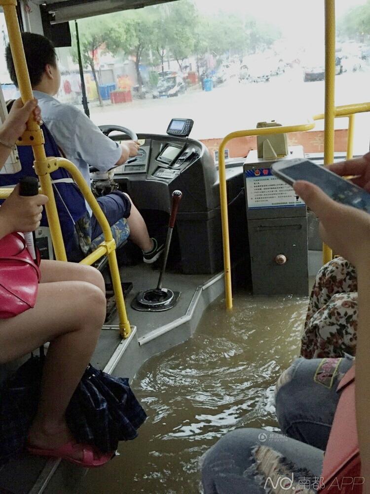 一辆公交车进水,网友吐槽车变成了船.网友@香菇小豆包